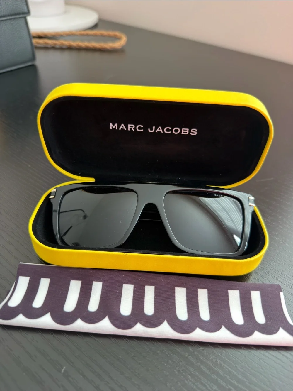 Marc Jacobs Black Gloss Oversized Square Sunglasses with Yellow Case